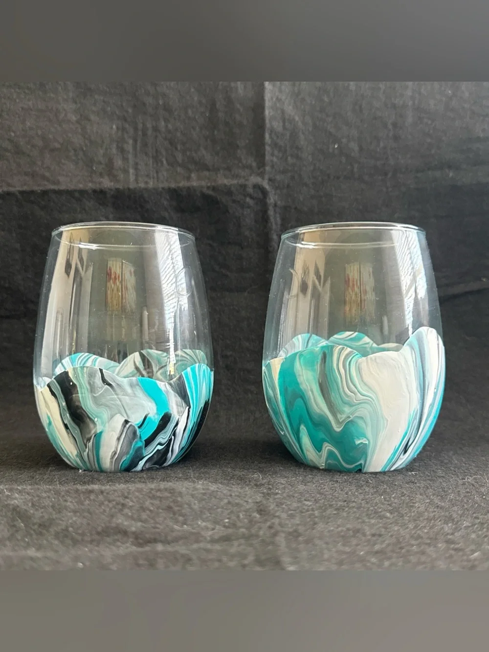 Water Marbled Stemless Wine Glasses Set Of 4 Handmade Unique Turquoise White